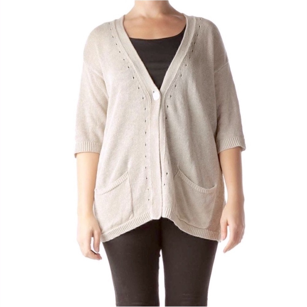 J. Jill Love Linen Cardigan Sweater XL Tan Beige Short Sleeve Button Knit Pocket